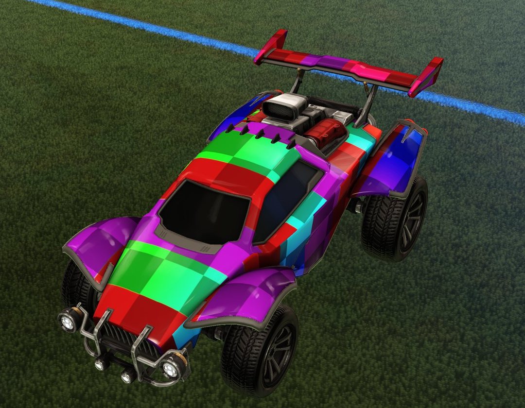 Octane in Rocket League with a hybrid custom decal: the artwork keeps its colors, the painted zones follow the player's paint